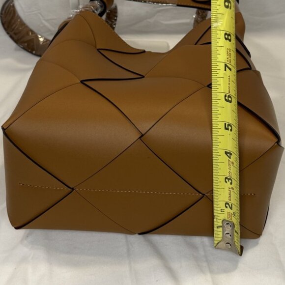 Caramel Woven Leather Bucket Bag, Loop Handles, Removable Shoulder Strap, NWOT - Picture 11 of 16